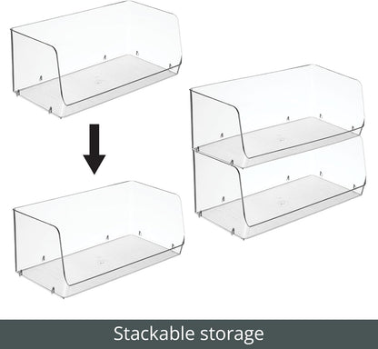 mDesign Wide Stackable Plastic Food Storage Organizer Bin Basket with Open Front for Household Kitchen Cabinets, Pantry, Offices, Closets, Bedrooms, Bathrooms - 10.2" Wide, 2 Pack - Clear
