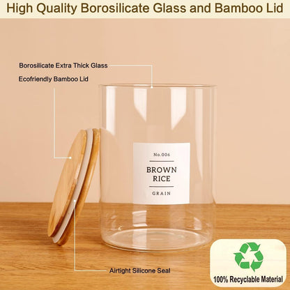 Borosilicate Glass Storage Jars with Bamboo Lids + 132 Pre-Printed Pantry Labels Included, BPA-Free Thicken Airtight Containers for Flour, Sugar, Rice, Microwave & Freezer Safe(100OZ/54OZ/27OZ)