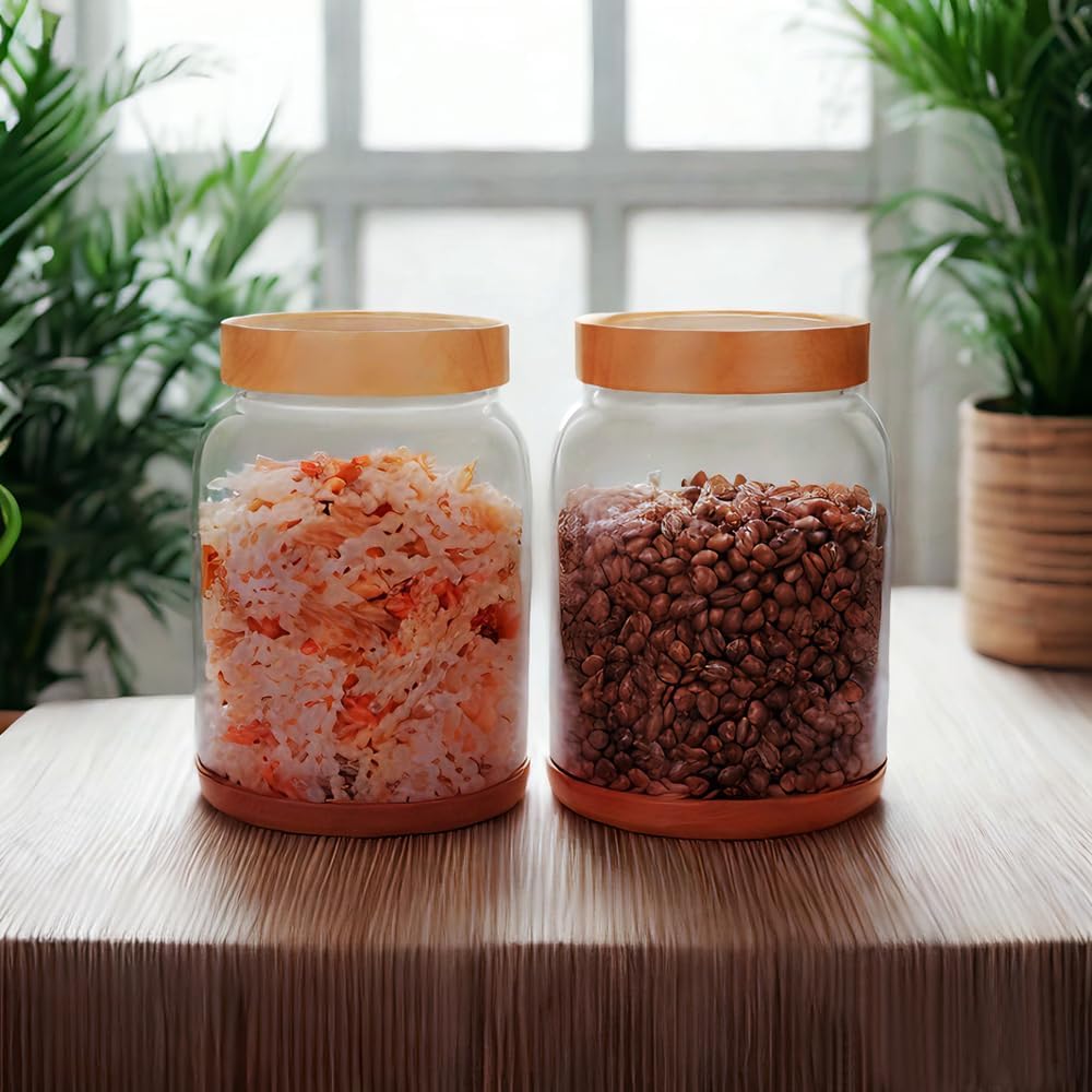 SAIOOL 2-Pack Striped Borosilicate Glass Airtight Canisters - Big mouth Large Capacity, Acacia Wood Lid, Food Storage Jars for Flour, Pasta, Pantry Organization (1/2 Gallon （Yellow Press lid 2 pack）)