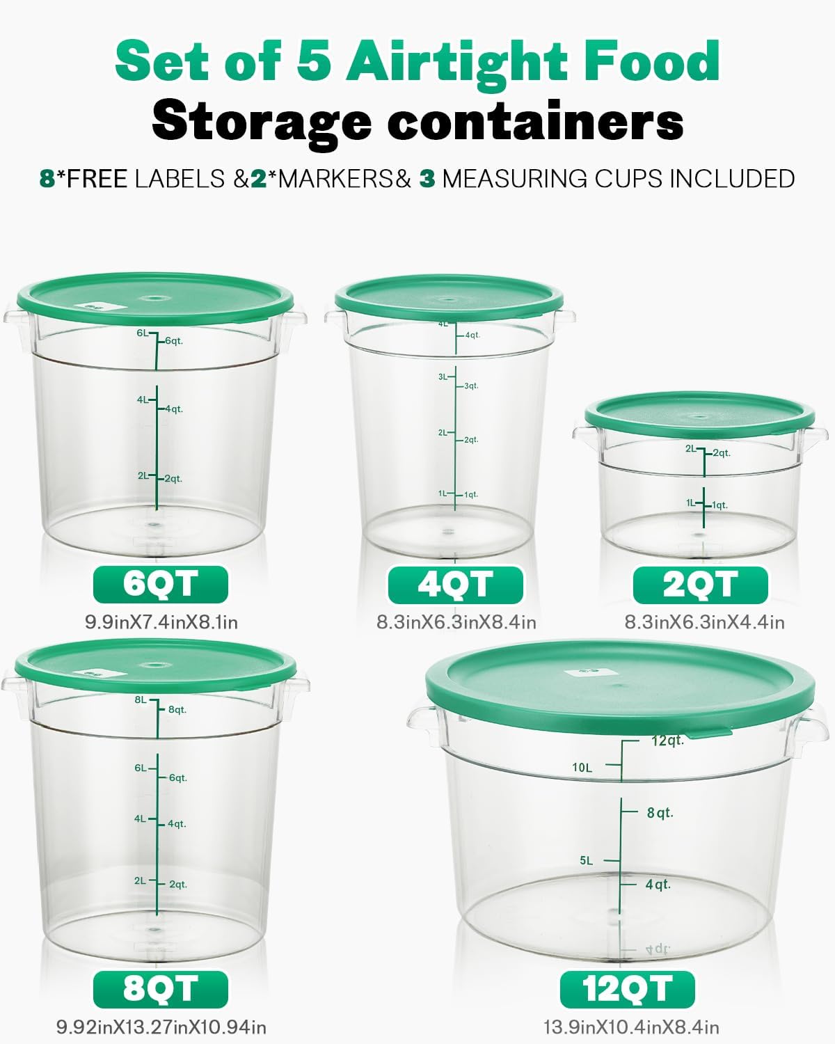 4QT NSF Food Storage Containers: 8 PCS [Food Grade][Hot&Cold Resistant] Commercial Clear Food Storage Containers with Lids for Restaurant Kitchen Proof Dough, Measuring Spoons Included(BPA FREE) - Colors B