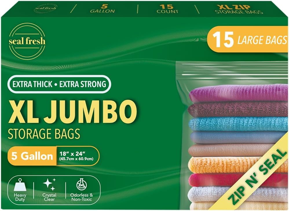 Seal Fresh 3 Gallon Large Plastic Storage Bags – 16" x 18" (15 Count) – Reusable XXL Extra Large Clear Jumbo Zip Bags with Sealable Zipper Top For Clothes, Travel, Moving