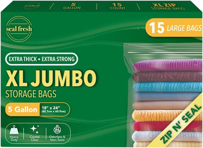 Seal Fresh 3 Gallon Large Plastic Storage Bags – 16" x 18" (15 Count) – Reusable XXL Extra Large Clear Jumbo Zip Bags with Sealable Zipper Top For Clothes, Travel, Moving