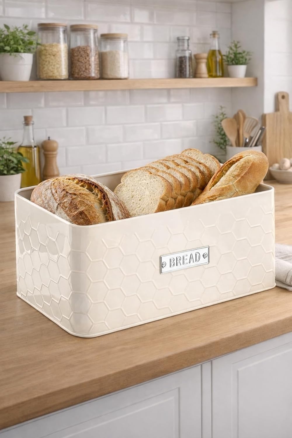 vensovo Bread Box for Countertop – Large White Metal Bread Bin with Bamboo Cutting Board Lid, Farmhouse Bread Storage Container for Homemade Bread, Baked Goods & Kitchen Counter Organization