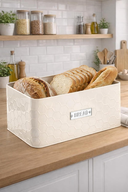 vensovo Bread Box for Countertop – Large White Metal Bread Bin with Bamboo Cutting Board Lid, Farmhouse Bread Storage Container for Homemade Bread, Baked Goods & Kitchen Counter Organization