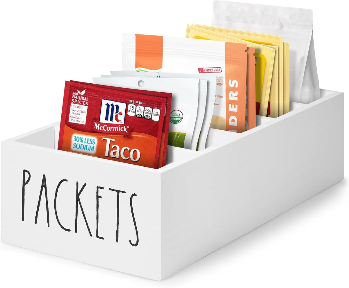 Seasoning Packet Organizer, Spice Packet Storage Organizer with 5 Compartments, Wooden Food Packet Organizer, Caddy Storage for Kitchen Pantry Cabinet, Modern Kitchen Organization Bins(Black)