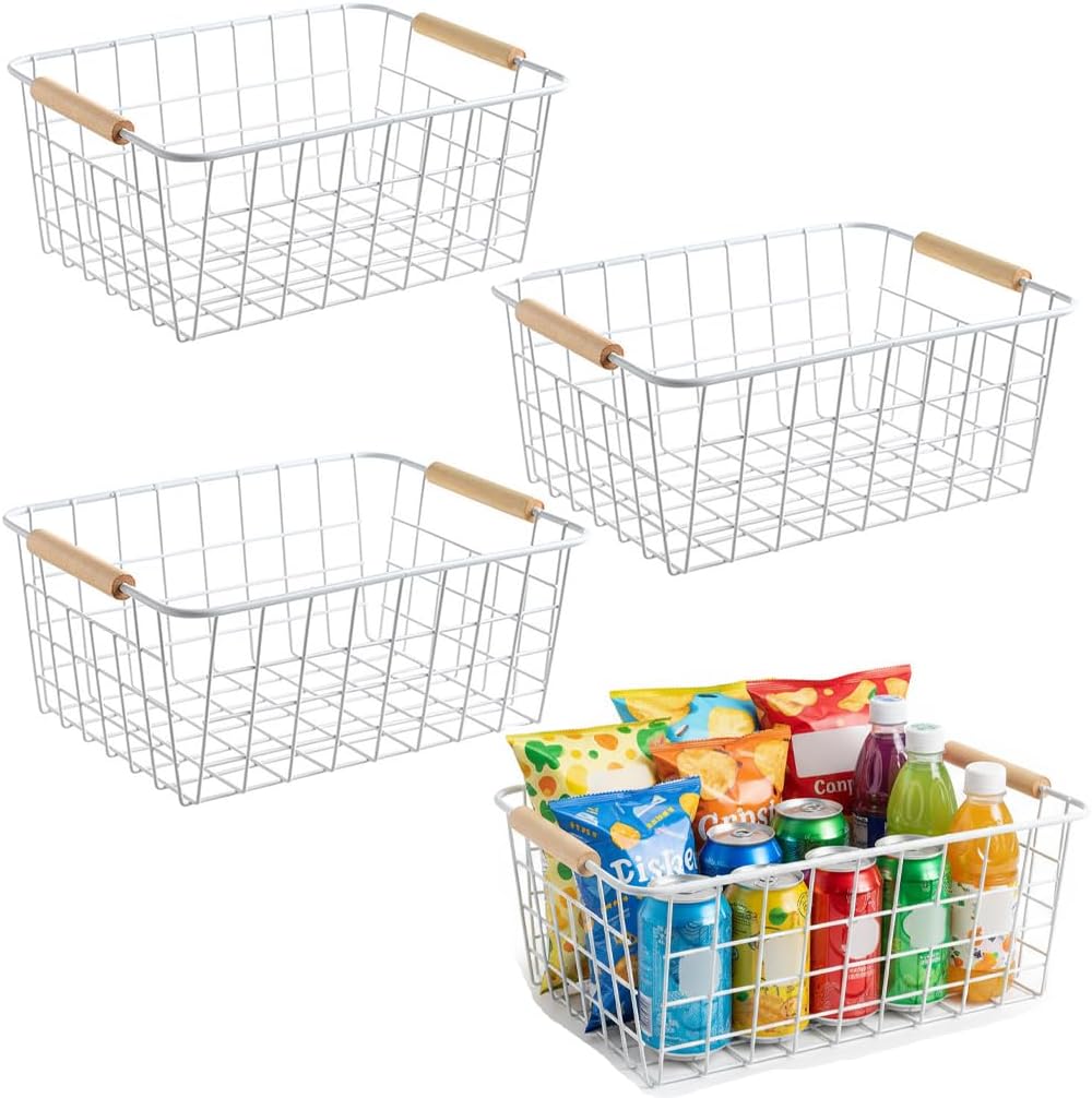 White Metal Wire Food Storage Basket with Wooden Handles for Organizing Snack Basket,Pantry Organizers and Storage for Kitchen Cabinets 4 Pack (Medium)