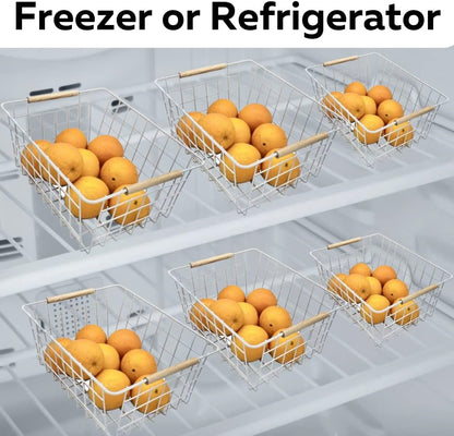 Evelots Wire Storage Baskets with Wood Handles-Pack of 6-Kitchen Cabinet, Pantry Shelf Organization, or Bathroom Metal Basket-Refrigerator/Freezer Organizer Bins-White