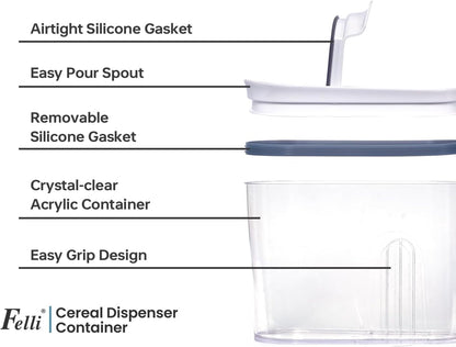 Felli Cereal Container Storage Airtight Holds 32 oz Family Size Breakfast Box with Flip Top Lid, Stackable Acrylic Dry Food Dispenser, Protein Granola Oats Grains, Crunch Keeper (Large 4.1Qt - 2pk)