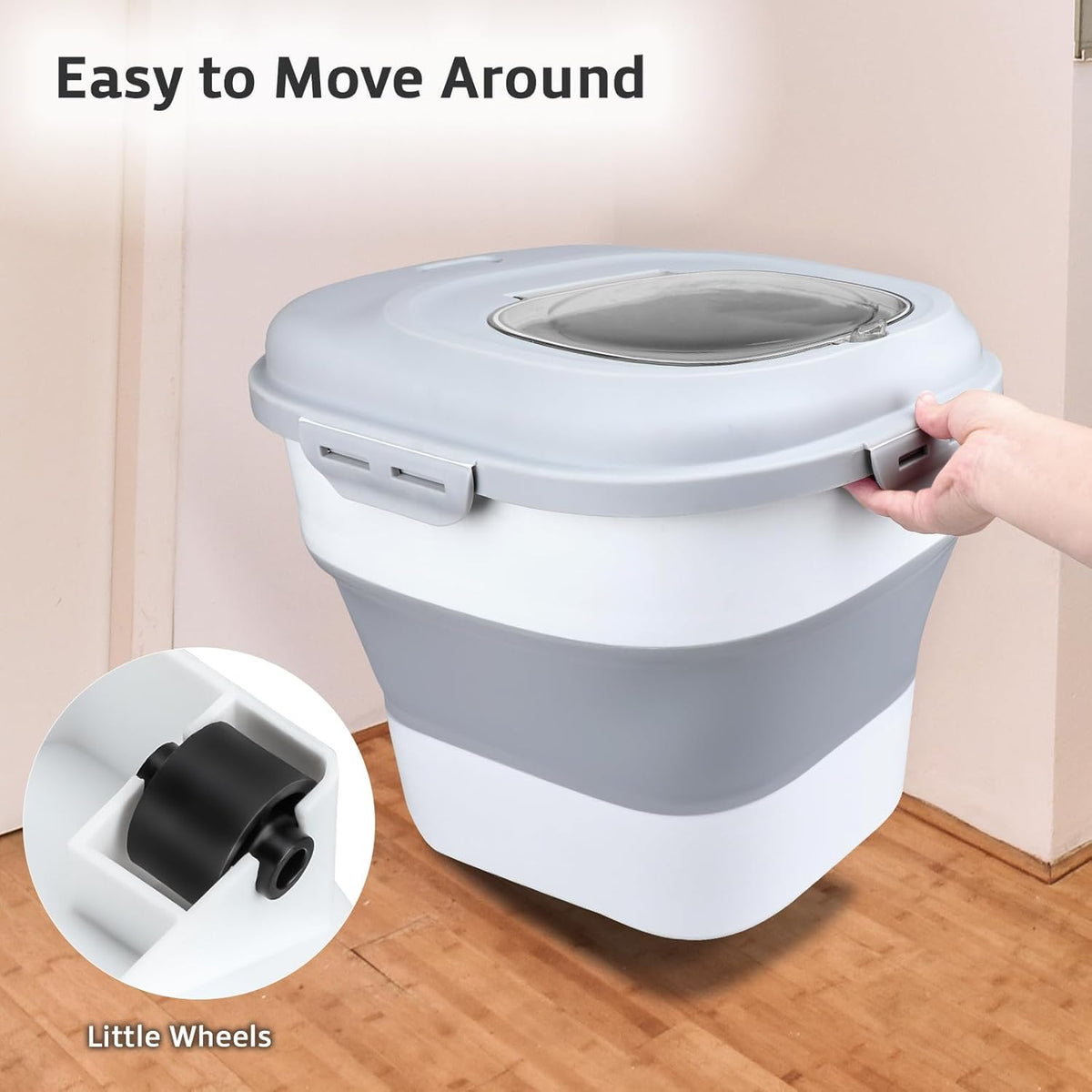 Komzon Rice Storage Bin Cereal Containers, 13-50lb Collapsible Rice Container Dispenser with Transparent Lid, Rolling Wheels, Measuring Cup and Scoop, Airtight Dog Cat Pet Food Storage Container Pink