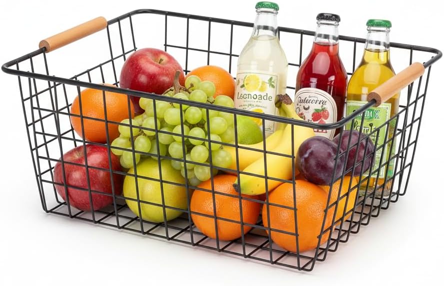 White Metal Wire Food Storage Basket with Wooden Handles for Organizing Snack Basket,Pantry Organizers and Storage for Kitchen Cabinets 4 Pack (Medium)