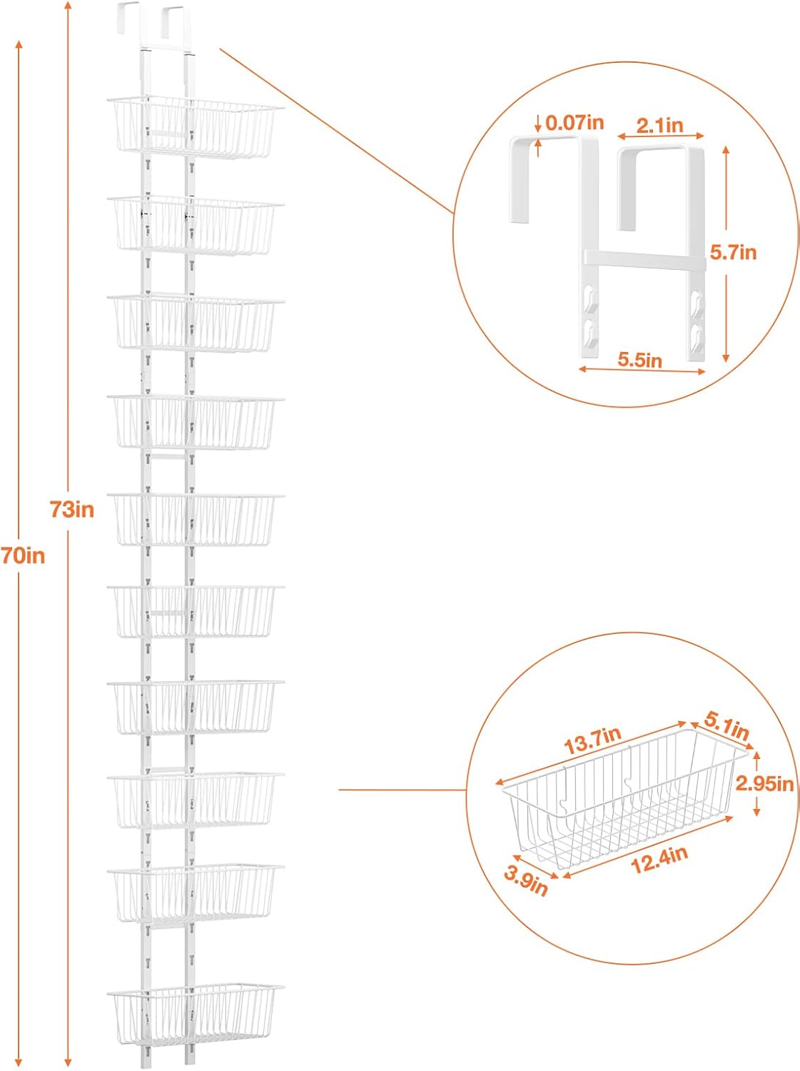 10 Tier Over the Door Pantry Organizer, Over the Door Spice Rack with Adjustable Baskets, Metal Hanging Door Pantry Organizers and Storage for Kitchen Bathroom Bedroom, White