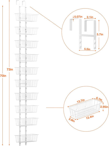 10 Tier Over the Door Pantry Organizer, Over the Door Spice Rack with Adjustable Baskets, Metal Hanging Door Pantry Organizers and Storage for Kitchen Bathroom Bedroom, White