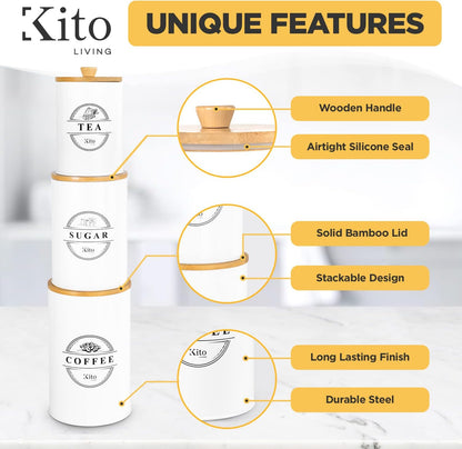 Kito LIVING Canister Sets for Kitchen Counter with Wooden Bamboo Lids, Kitchen Canisters for Countertop, Stackable Steel Farmhouse Canisters for Potato Storage, Onion and Potato Storage Bins - Cream