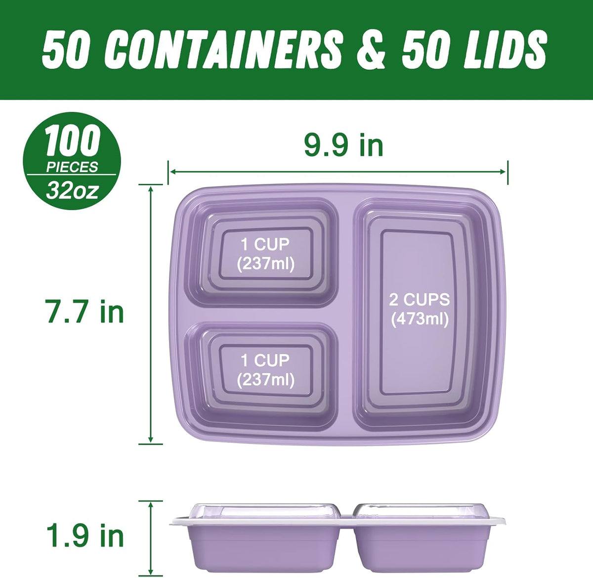 50 Pack (100-Piece) 32 oz Meal Prep Containers Reusable with Lids 3-Compartment, To Go Take Out Plastic Food Storage Containers, Sturdy Leakproof Food Safe, Microwave Freezer Dishwasher Safe, Black