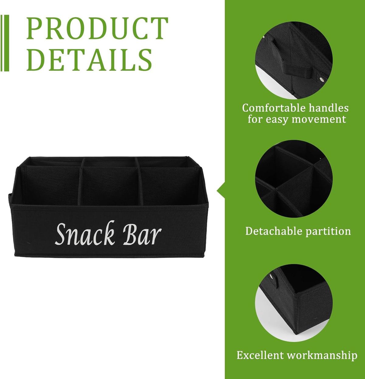 Snack Organizer for Countertop, Trapezoid Fabric Snack Bin Holder with Side Handles, 6 Compartment Snack Basket Container, Lightweight Snack Bar Station Organizer, Kitchen Pantry Storage-Black