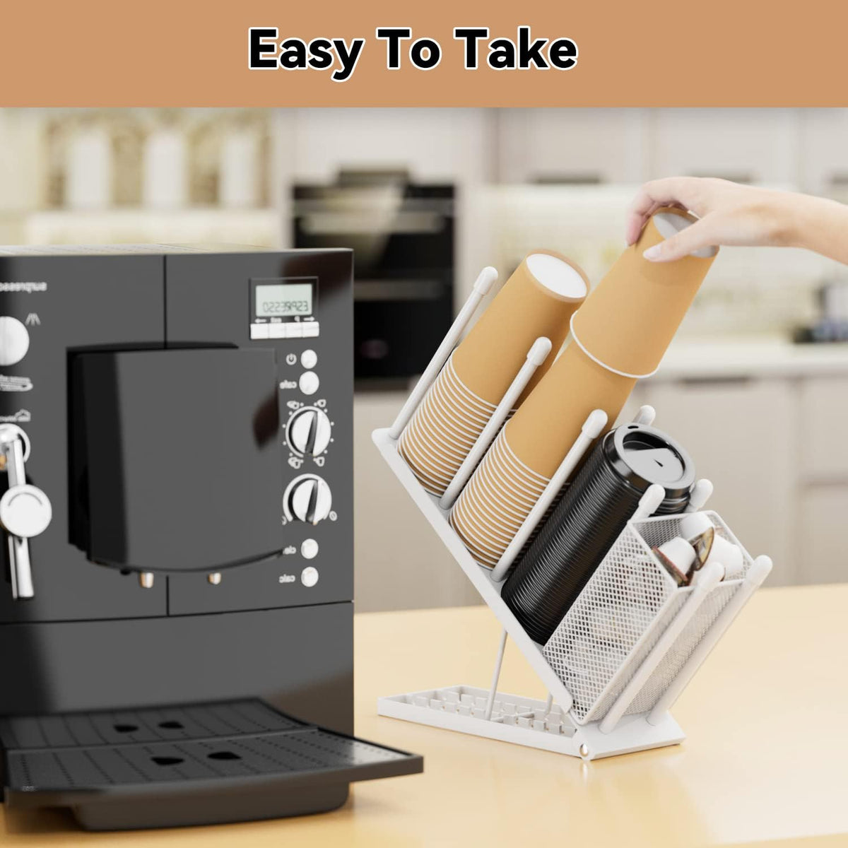 OVICAR Cup and Lid Holder - Adjustable Coffee Cup Holder Organizer 4 Compartment Disposable Cup Dispenser with Coffee Pod Straw Storage Basket for Coffee Station Bar Countertop Breakroom Metal Black