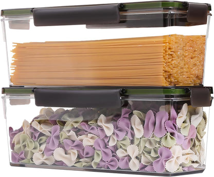 Horizontal Rice and Pasta Storage Containers, Set of 2 (5.2L) Airtight Kitchen Containers with Lids for Spaghetti, Crackers, Chips, Flour, and Noodles, Mouse-Proof Design