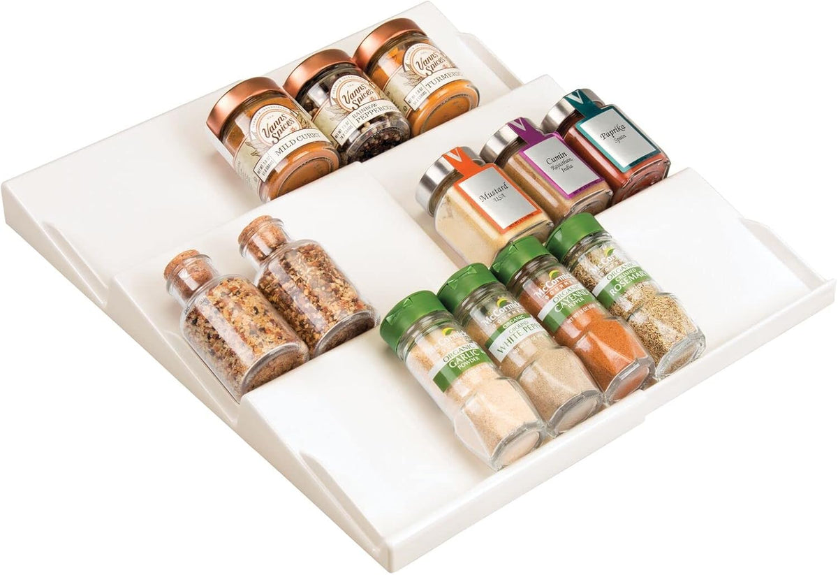 mDesign Expandable Plastic Deluxe Spice Rack, Drawer Organizer for Kitchen Cabinet Drawers, 3 Tier Slanted for Spice Jars, Food Seasoning Bottle Storage, Ligne Collection - Clear