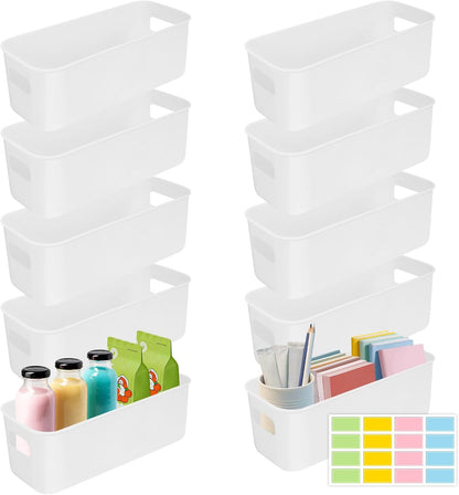 10Pcs White Narrow Storage Bins, 10" Long Bathroom Organizing Bins, Plastic Storage Basket Open Drawer Organizer Box with Handle for Bathroom Kitchen Office Vanity Pantry Shelves
