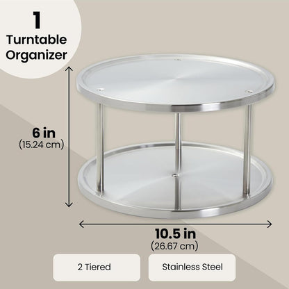 Juvale 2-Tier Lazy Susan Spice Rack Organizer for Cabinet - 10.5 in, Stainless Steel - Kitchen Countertop Organizer & Spice Carousel for Pantry Organization