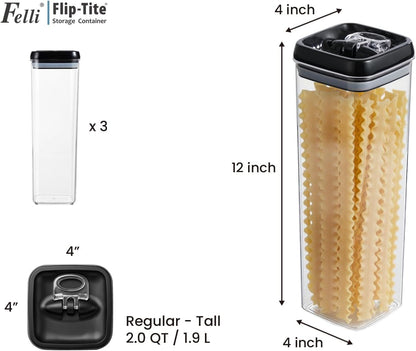 Felli Flip Tite Storage Container with Built-In Spoon & Airtight Lid 5” Large-M Ring Flip Top, Stackable Acrylic Canister for Sugar Flour Powder, Kitchen Pantry Organizer (1.8qt), 2 spoons