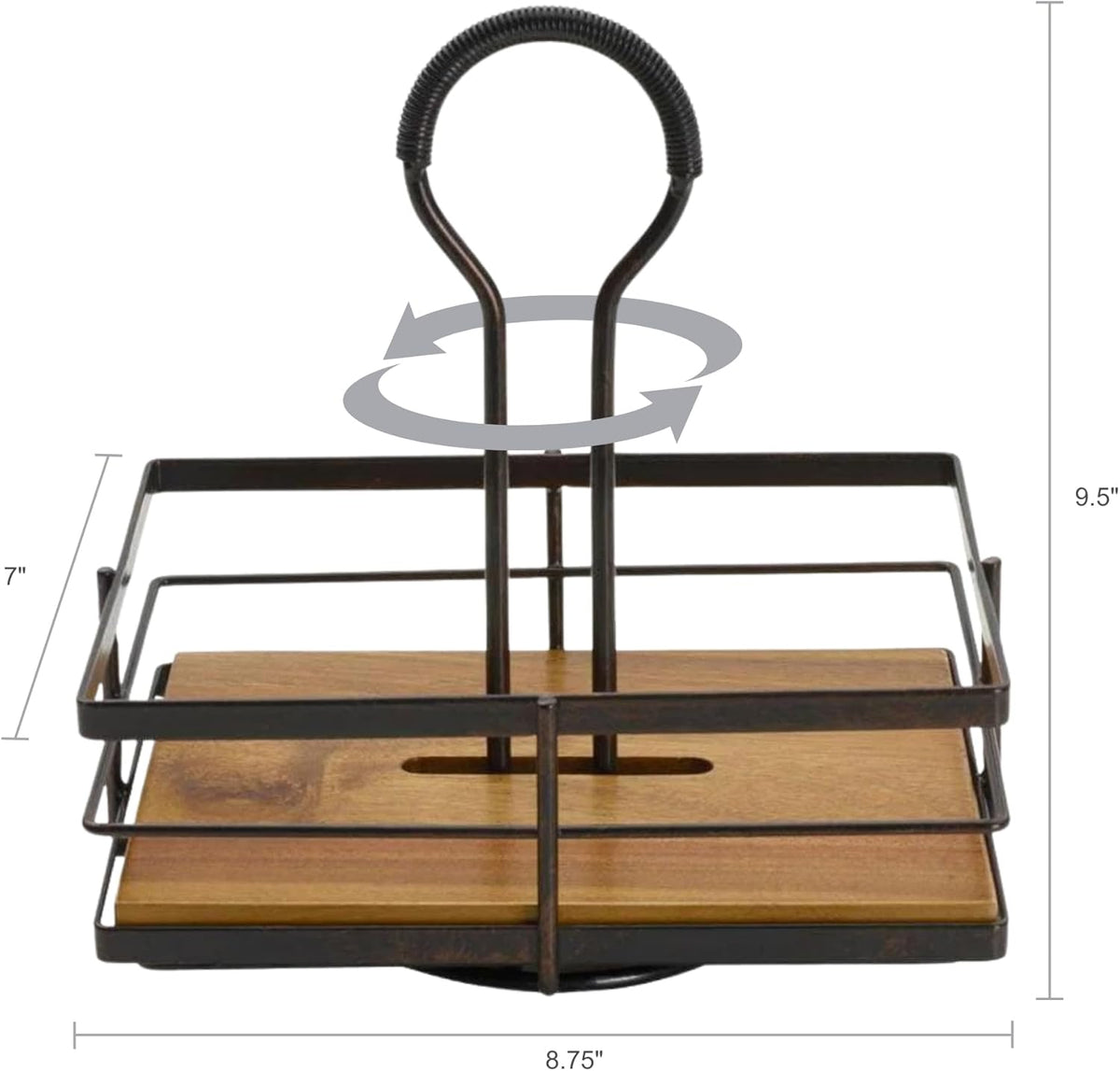 Gourmet Basics by Mikasa Nova Rotating Condiment Caddy, Handcrafted Iron and Acacia Wood Table Organizer with Spinning Platform and Carrying Handle, Contemporary Black Finish, 8.75 x 7 x 9.25 Inches