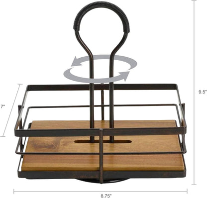 Gourmet Basics by Mikasa Nova Rotating Condiment Caddy, Handcrafted Iron and Acacia Wood Table Organizer with Spinning Platform and Carrying Handle, Contemporary Black Finish, 8.75 x 7 x 9.25 Inches