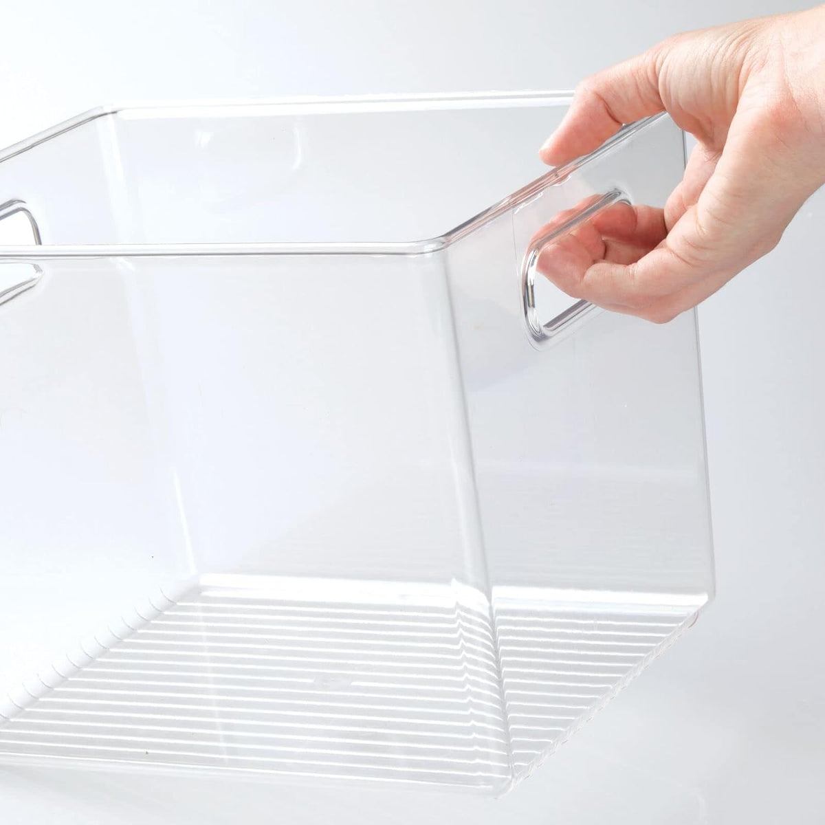 mDesign Plastic Deep Kitchen and Pantry Organizer Storage Bin with Handles for Cabinet, Fridge, Freezer - Food Storage Containers for Snacks, Yogurt Pouches or Fruit, Ligne Collection, 4 Pack, Clear