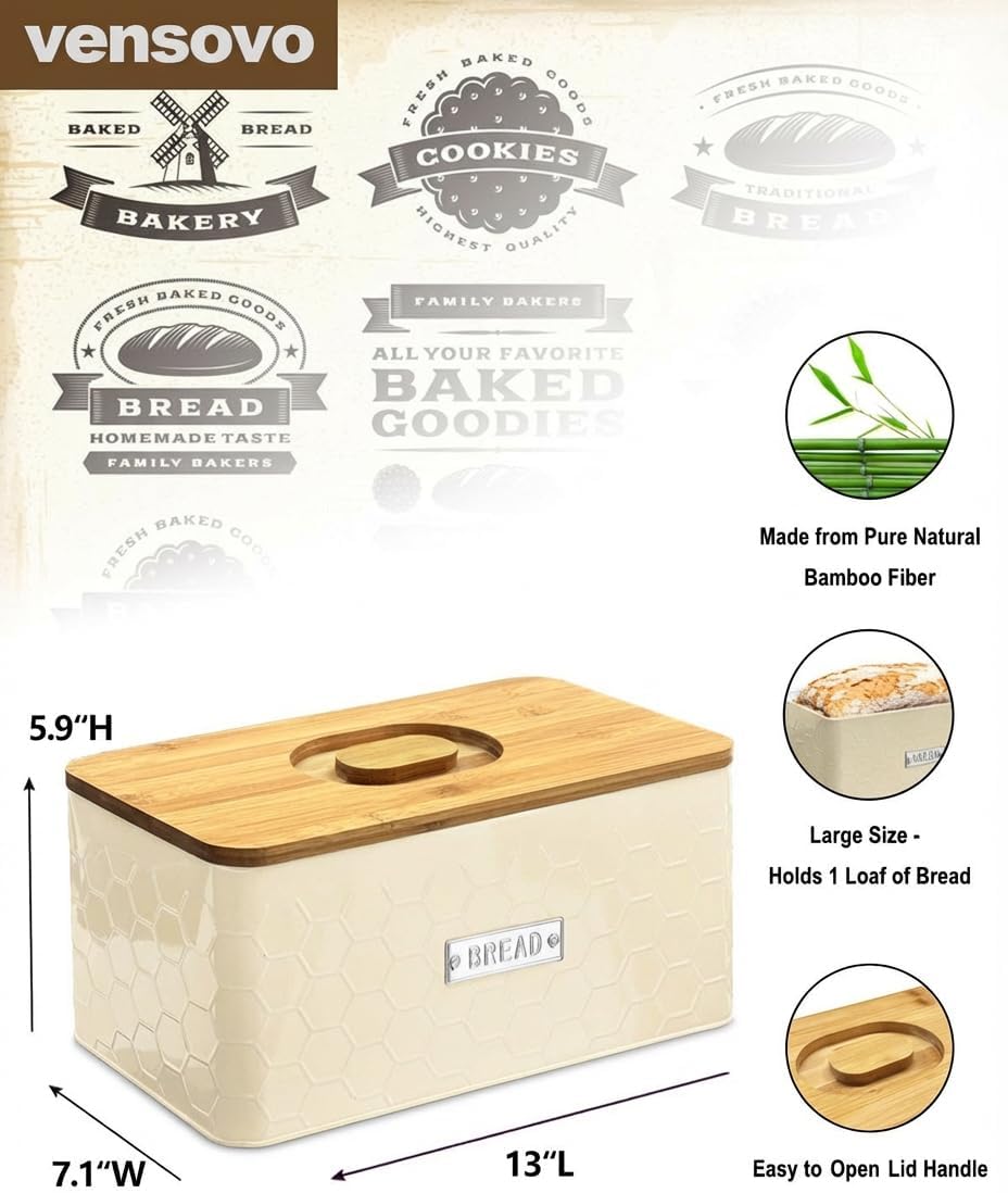 vensovo Bread Box for Countertop – Large White Metal Bread Bin with Bamboo Cutting Board Lid, Farmhouse Bread Storage Container for Homemade Bread, Baked Goods & Kitchen Counter Organization
