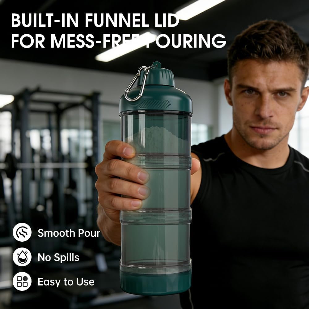 BYLWORKOUT 3-Layer Protein Powder Travel Container with Funnel and Keychain | Portable Food Storage Organizer for Gym, Fitness, Kitchen, Camping, Hiking, and Travel (Emerald Green)