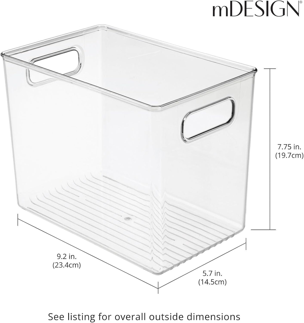 mDesign Plastic Deep Kitchen and Pantry Organizer Storage Bin with Handles for Cabinet, Fridge, Freezer - Food Storage Containers for Snacks, Yogurt Pouches or Fruit, Ligne Collection, 4 Pack, Clear