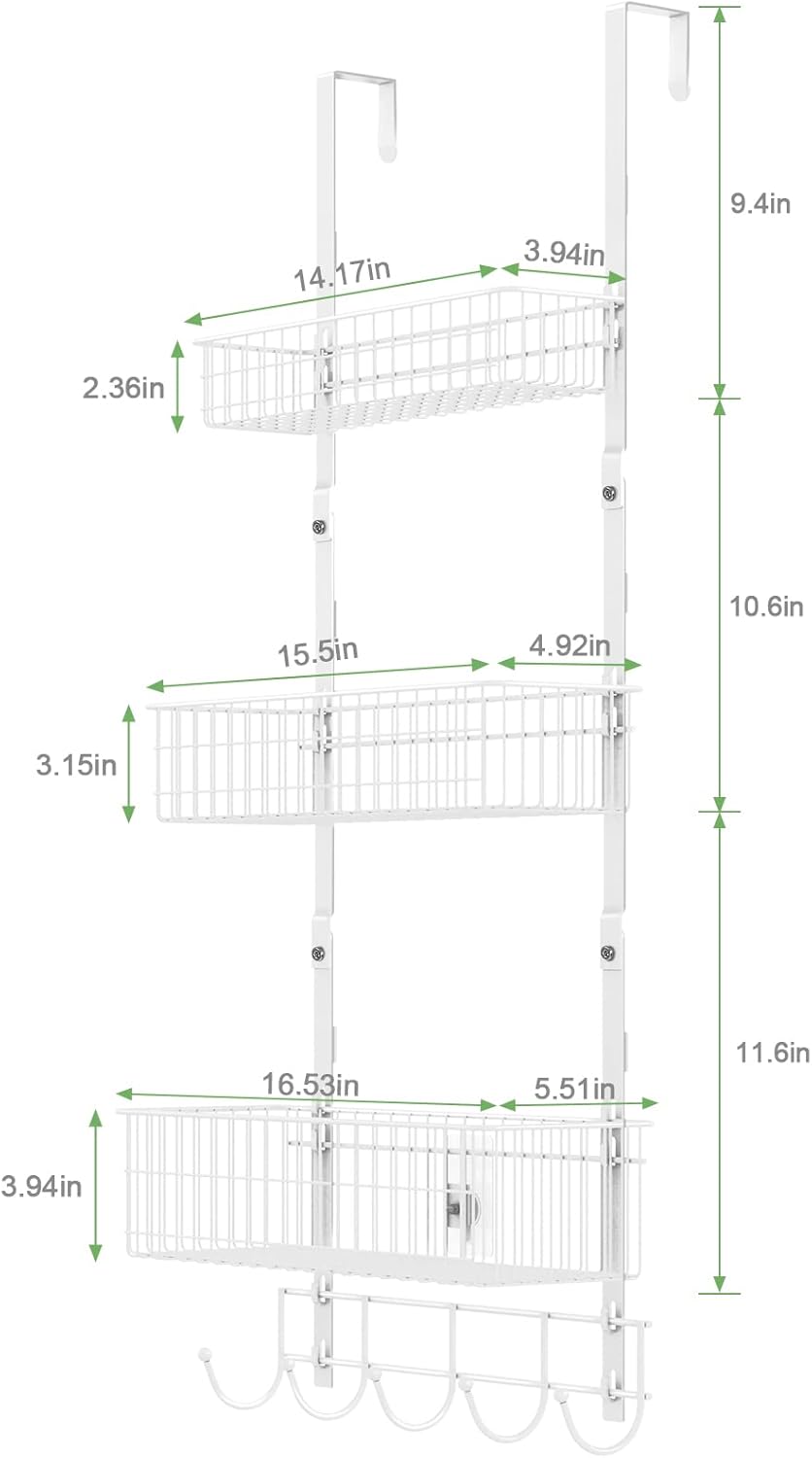 Over the Door Pantry Organizer 3 Tier Hanging Basket Back Door Storage Rack Shelf Metal Over the Door Shelves with 3 Baskets and 5 Hooks for Bathroom Kitchen Pantry Bedroom, Black