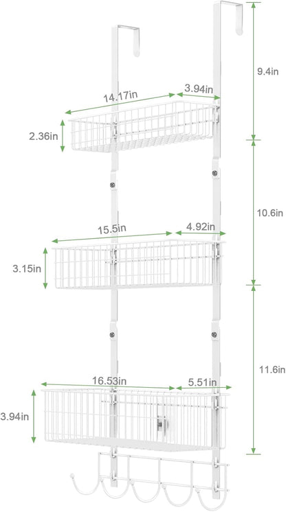 Over the Door Pantry Organizer 3 Tier Hanging Basket Back Door Storage Rack Shelf Metal Over the Door Shelves with 3 Baskets and 5 Hooks for Bathroom Kitchen Pantry Bedroom, Black