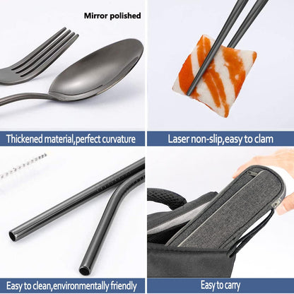 Portable Reusable Travel Utensils Silverware with Case,Travel Camping Cutlery set,Chopsticks and Straw, Flatware Cutlery with Case, Stainless steel Utensil set Top (Black)