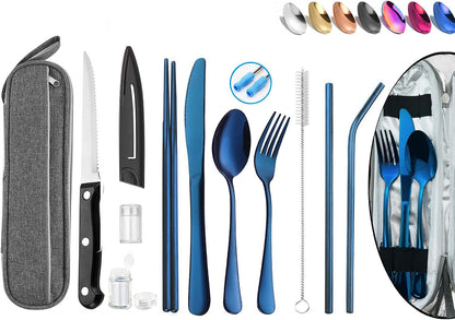 Portable Reusable Travel Utensils Silverware with Case,Travel Camping Cutlery set,Chopsticks and Straw, Flatware Cutlery with Case, Stainless steel Utensil set Top (Black)