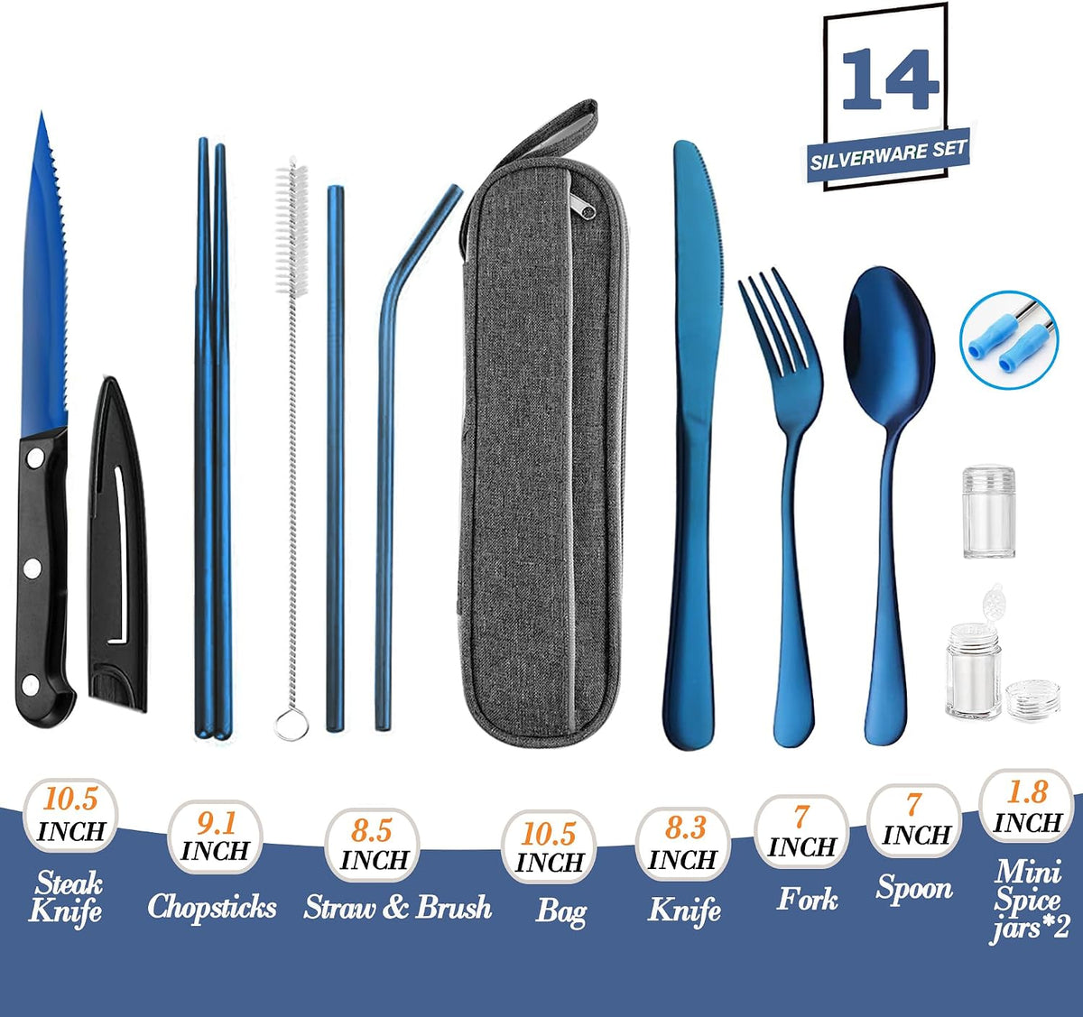 Portable Reusable Travel Utensils Silverware with Case,Travel Camping Cutlery set,Chopsticks and Straw, Flatware Cutlery with Case, Stainless steel Utensil set Top (Black)