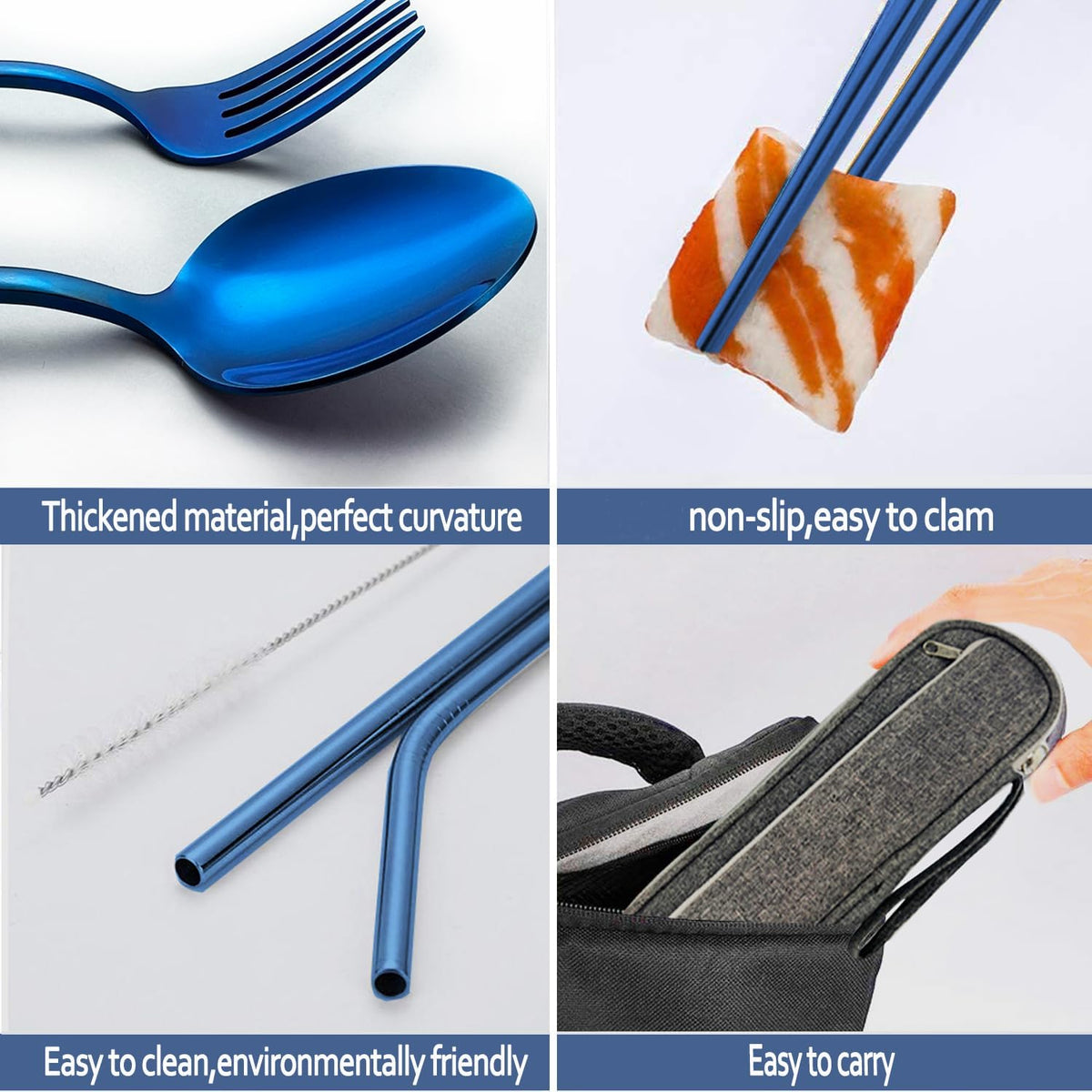 Portable Reusable Travel Utensils Silverware with Case,Travel Camping Cutlery set,Chopsticks and Straw, Flatware Cutlery with Case, Stainless steel Utensil set Top (Black)