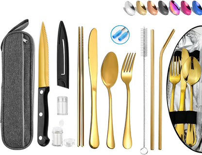 Portable Reusable Travel Utensils Silverware with Case,Travel Camping Cutlery set,Chopsticks and Straw, Flatware Cutlery with Case, Stainless steel Utensil set Top (Black)