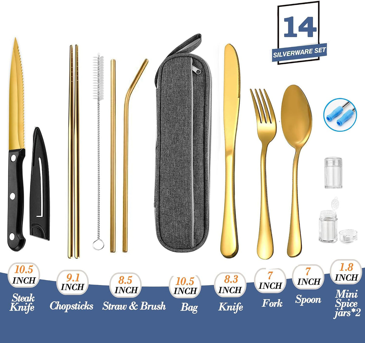 Portable Reusable Travel Utensils Silverware with Case,Travel Camping Cutlery set,Chopsticks and Straw, Flatware Cutlery with Case, Stainless steel Utensil set Top (Black)