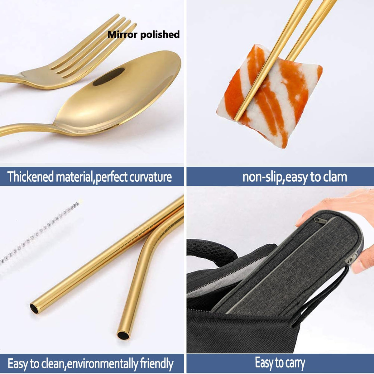 Portable Reusable Travel Utensils Silverware with Case,Travel Camping Cutlery set,Chopsticks and Straw, Flatware Cutlery with Case, Stainless steel Utensil set Top (Black)