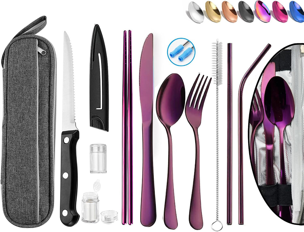 Portable Reusable Travel Utensils Silverware with Case,Travel Camping Cutlery set,Chopsticks and Straw, Flatware Cutlery with Case, Stainless steel Utensil set Top (Black)