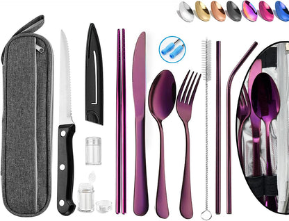 Portable Reusable Travel Utensils Silverware with Case,Travel Camping Cutlery set,Chopsticks and Straw, Flatware Cutlery with Case, Stainless steel Utensil set Top (Black)