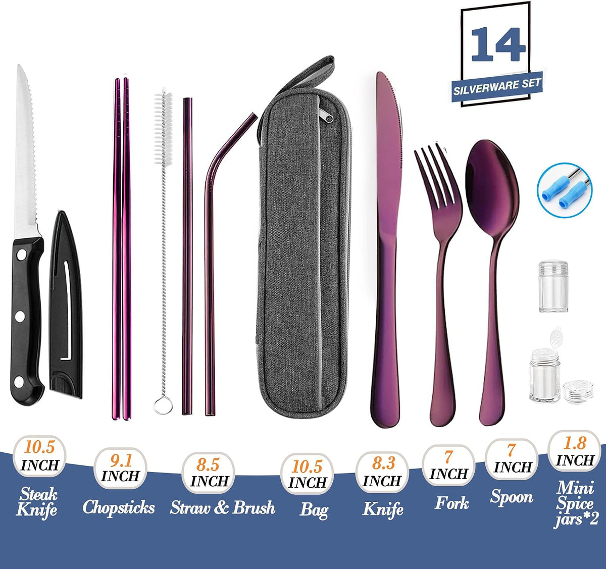 Portable Reusable Travel Utensils Silverware with Case,Travel Camping Cutlery set,Chopsticks and Straw, Flatware Cutlery with Case, Stainless steel Utensil set Top (Black)