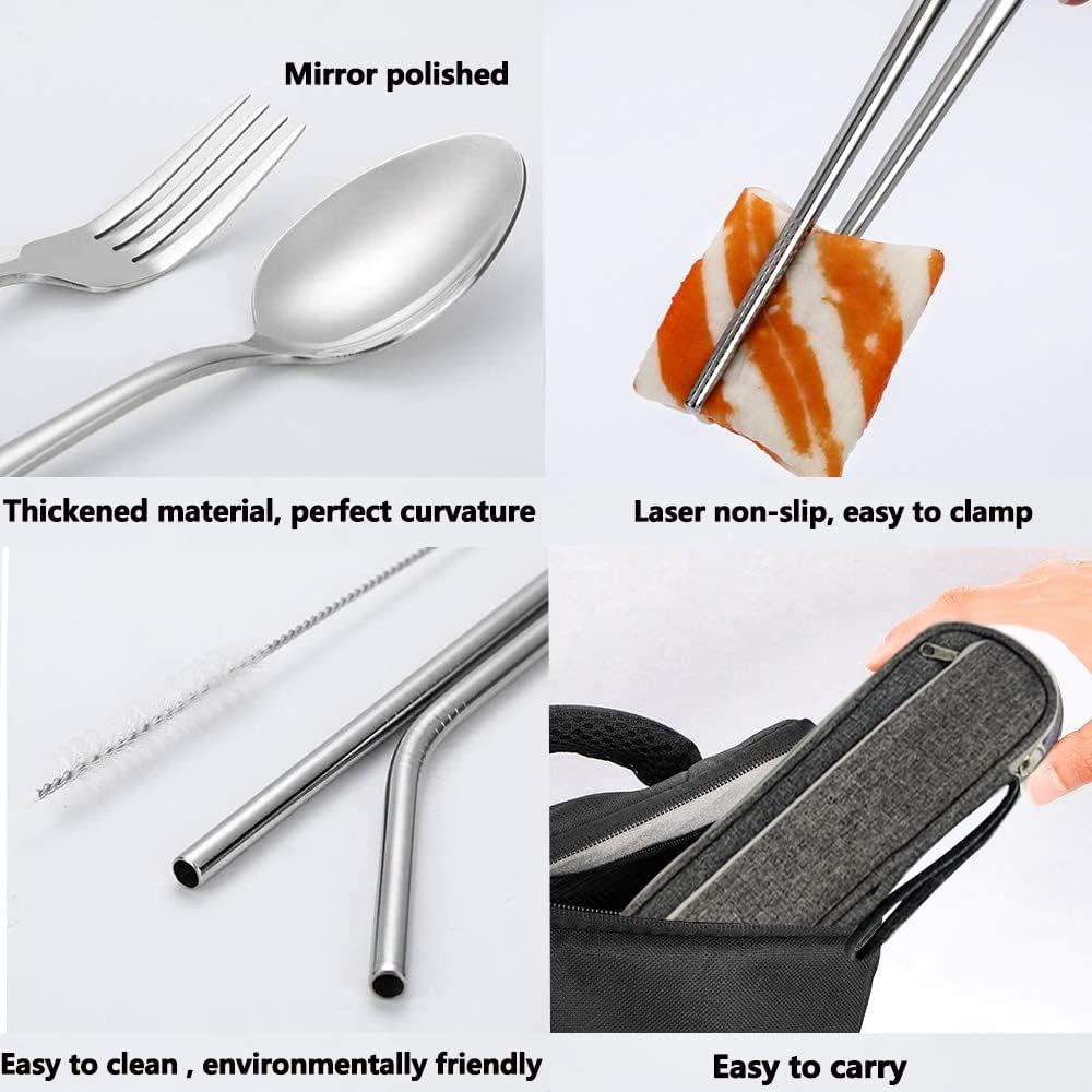 Portable Reusable Travel Utensils Silverware with Case,Travel Camping Cutlery set,Chopsticks and Straw, Flatware Cutlery with Case, Stainless steel Utensil set Top (Black)