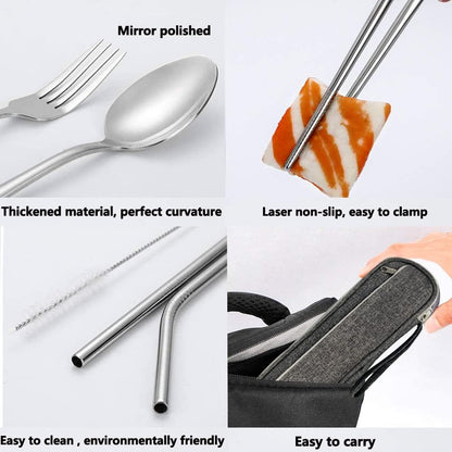 Portable Reusable Travel Utensils Silverware with Case,Travel Camping Cutlery set,Chopsticks and Straw, Flatware Cutlery with Case, Stainless steel Utensil set Top (Black)