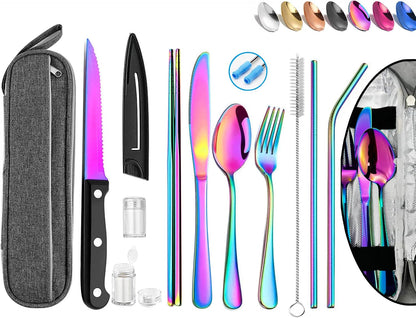 Portable Reusable Travel Utensils Silverware with Case,Travel Camping Cutlery set,Chopsticks and Straw, Flatware Cutlery with Case, Stainless steel Utensil set Top (Black)