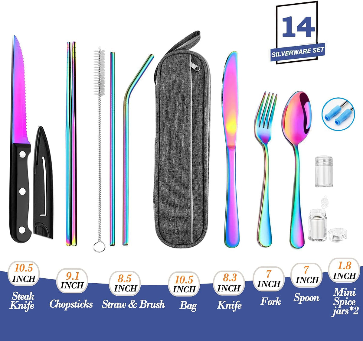 Portable Reusable Travel Utensils Silverware with Case,Travel Camping Cutlery set,Chopsticks and Straw, Flatware Cutlery with Case, Stainless steel Utensil set Top (Black)