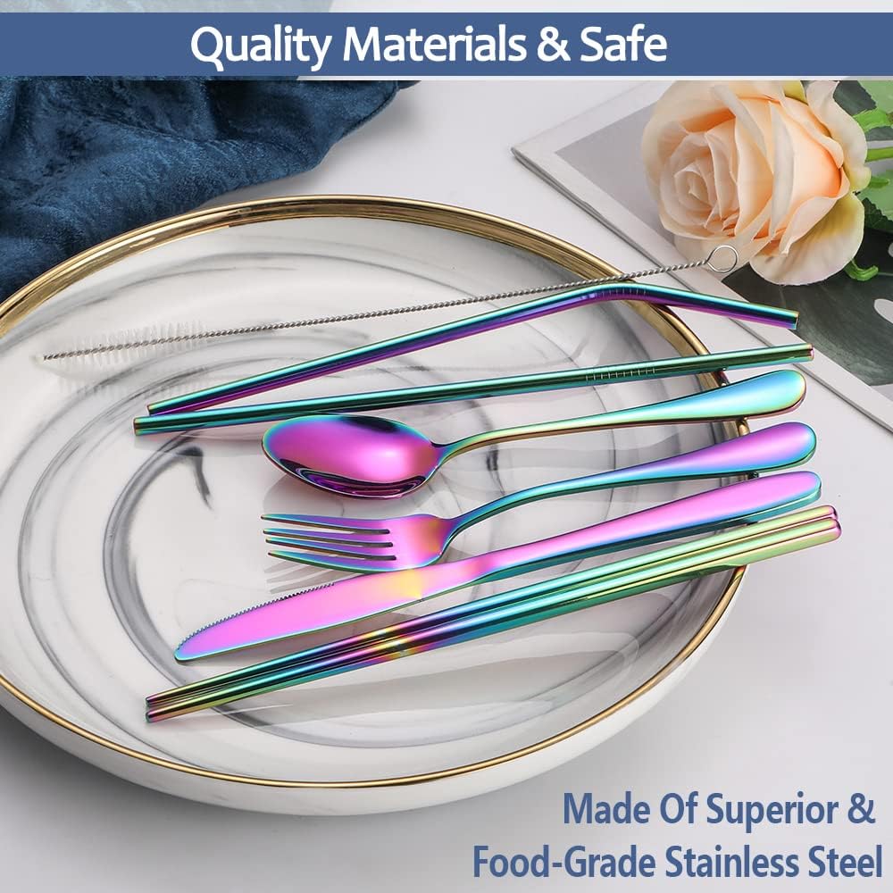 Portable Reusable Travel Utensils Silverware with Case,Travel Camping Cutlery set,Chopsticks and Straw, Flatware Cutlery with Case, Stainless steel Utensil set Top (Black)