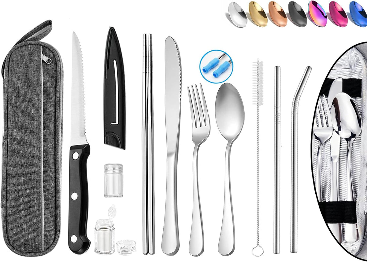 Portable Reusable Travel Utensils Silverware with Case,Travel Camping Cutlery set,Chopsticks and Straw, Flatware Cutlery with Case, Stainless steel Utensil set Top (Black)