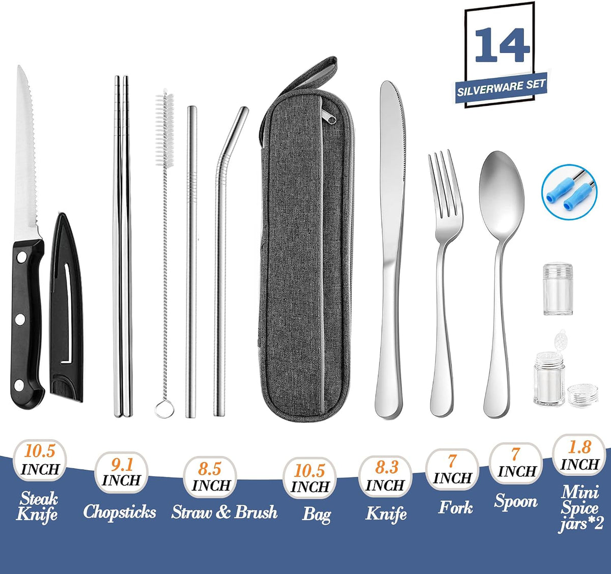 Portable Reusable Travel Utensils Silverware with Case,Travel Camping Cutlery set,Chopsticks and Straw, Flatware Cutlery with Case, Stainless steel Utensil set Top (Black)